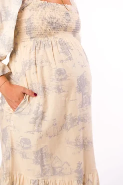 Sale Worth Collective Bria Smocked Midi Dress with Puffed Long Sleeves in Ecru - Bump Friend