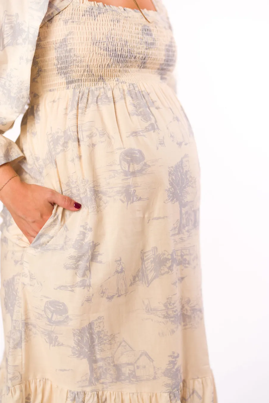 Sale Worth Collective Bria Smocked Midi Dress with Puffed Long Sleeves in Ecru - Bump Friend