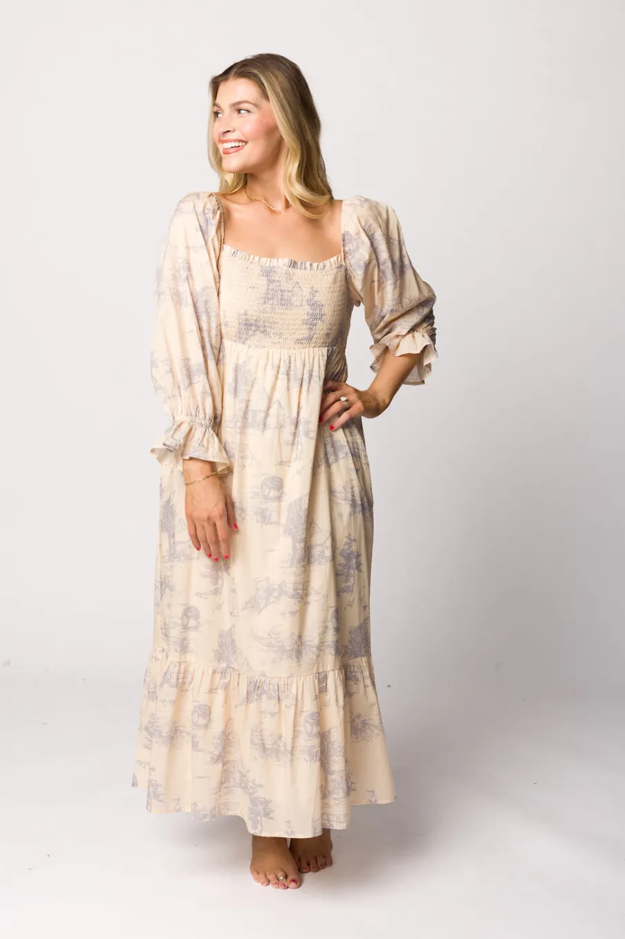 Sale Worth Collective Bria Smocked Midi Dress with Puffed Long Sleeves in Ecru - Bump Friend