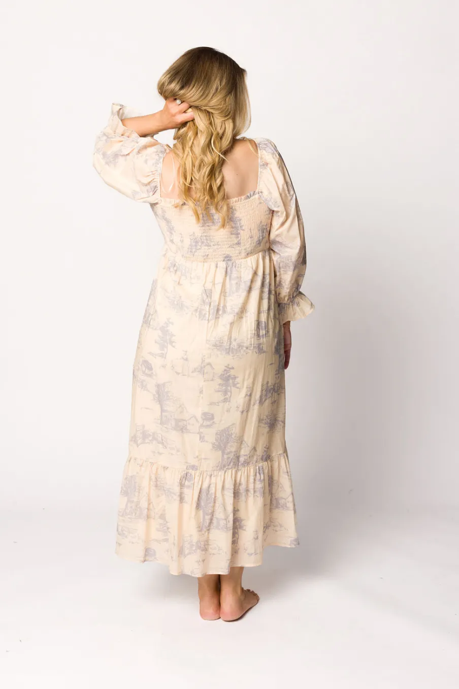 Sale Worth Collective Bria Smocked Midi Dress with Puffed Long Sleeves in Ecru - Bump Friend
