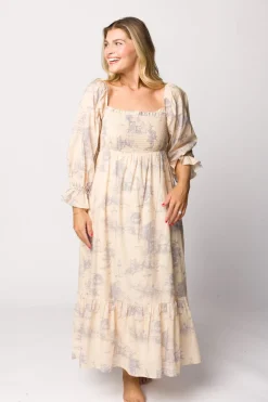 Sale Worth Collective Bria Smocked Midi Dress with Puffed Long Sleeves in Ecru - Bump Friend