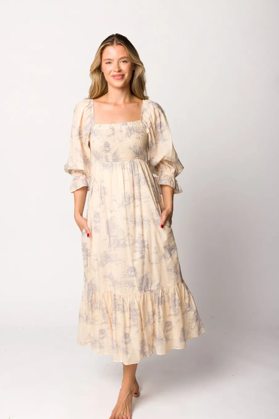 Sale Worth Collective Bria Smocked Midi Dress with Puffed Long Sleeves in Ecru - Bump Friend