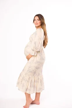 Sale Worth Collective Bria Smocked Midi Dress with Puffed Long Sleeves in Ecru - Bump Friend