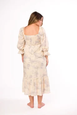 Sale Worth Collective Bria Smocked Midi Dress with Puffed Long Sleeves in Ecru - Bump Friend