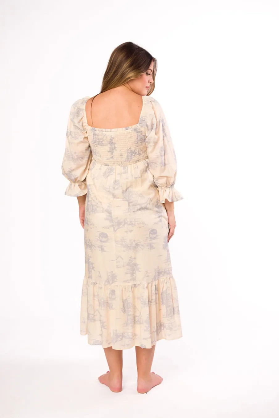 Sale Worth Collective Bria Smocked Midi Dress with Puffed Long Sleeves in Ecru - Bump Friend