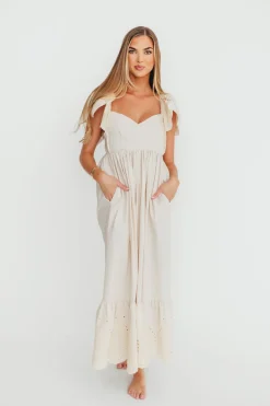 Hot Worth Collective Brooklyn 100% Cotton Eyelet Detail Maxi Dress in Natural