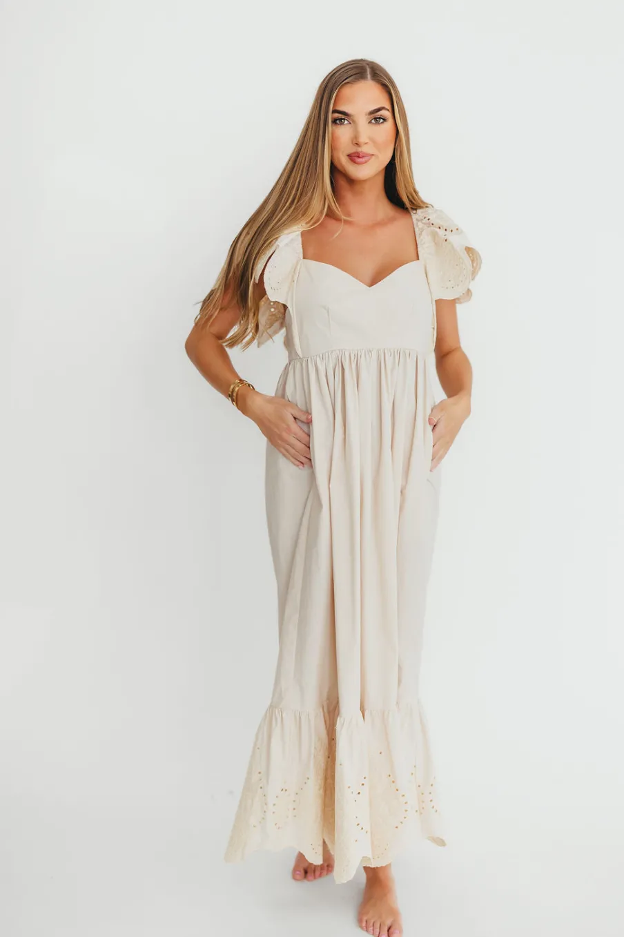 Hot Worth Collective Brooklyn 100% Cotton Eyelet Detail Maxi Dress in Natural