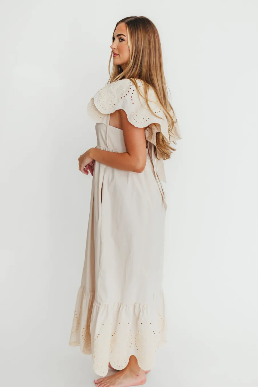 Hot Worth Collective Brooklyn 100% Cotton Eyelet Detail Maxi Dress in Natural