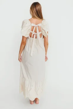 Hot Worth Collective Brooklyn 100% Cotton Eyelet Detail Maxi Dress in Natural