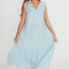 Discount Worth Collective Brynn Ruffle Tiered Midi Dress in Blue