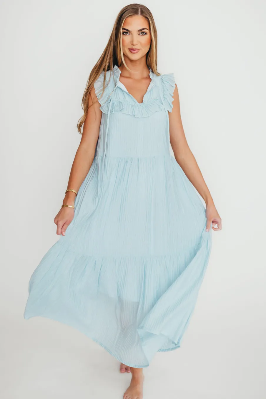 Discount Worth Collective Brynn Ruffle Tiered Midi Dress in Blue