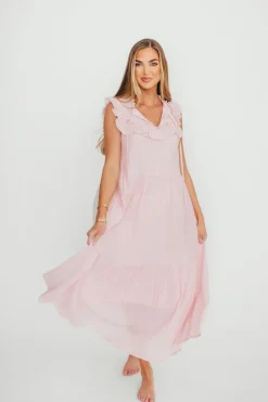 Fashion Worth Collective Brynn Ruffle Tiered Midi Dress in Pink