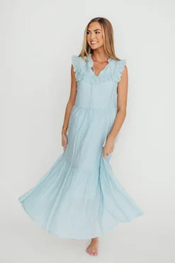 Discount Worth Collective Brynn Ruffle Tiered Midi Dress in Blue