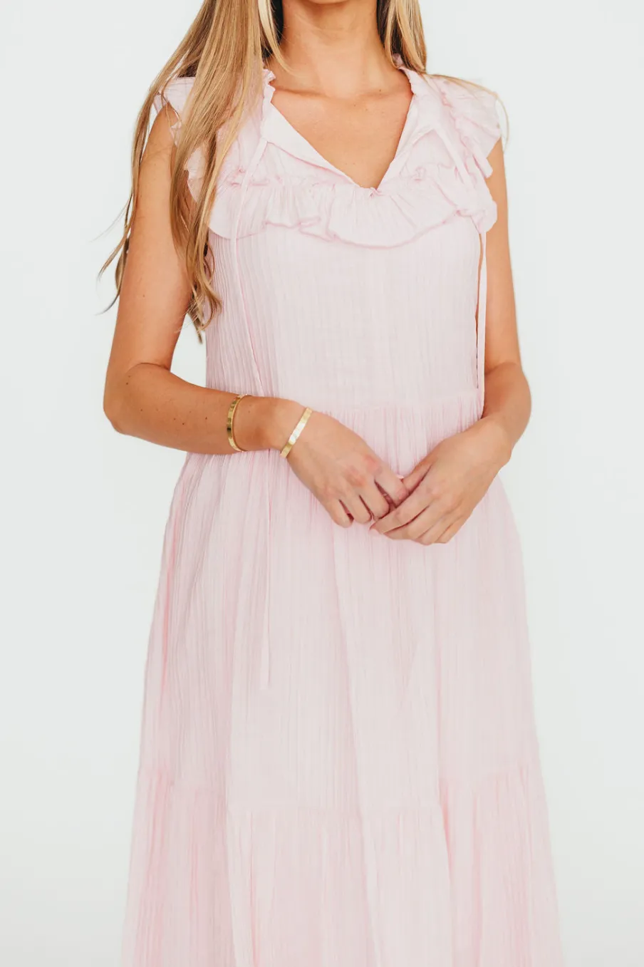 Fashion Worth Collective Brynn Ruffle Tiered Midi Dress in Pink