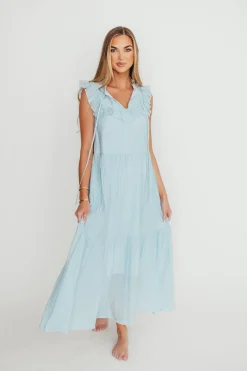 Discount Worth Collective Brynn Ruffle Tiered Midi Dress in Blue