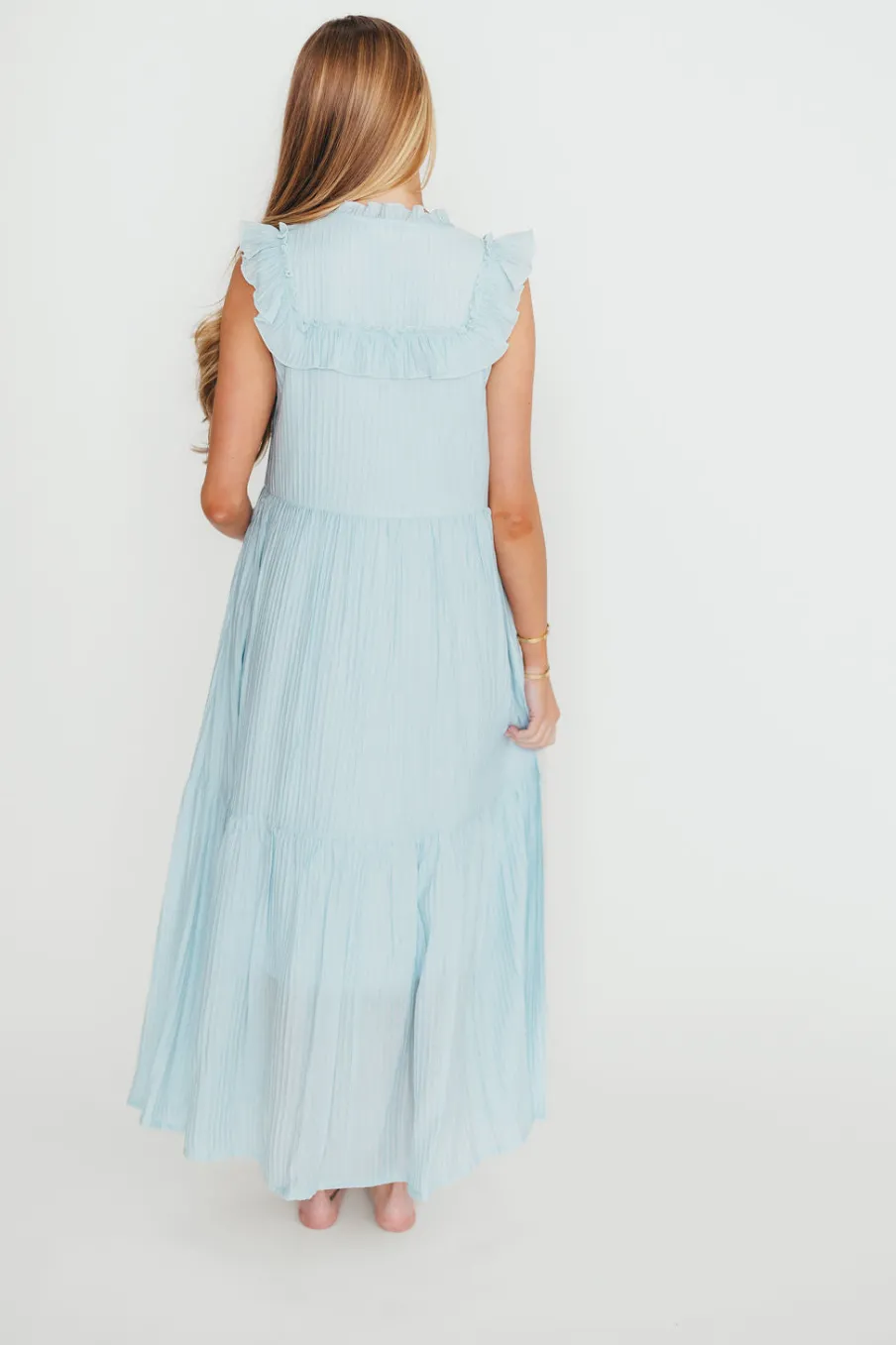 Discount Worth Collective Brynn Ruffle Tiered Midi Dress in Blue