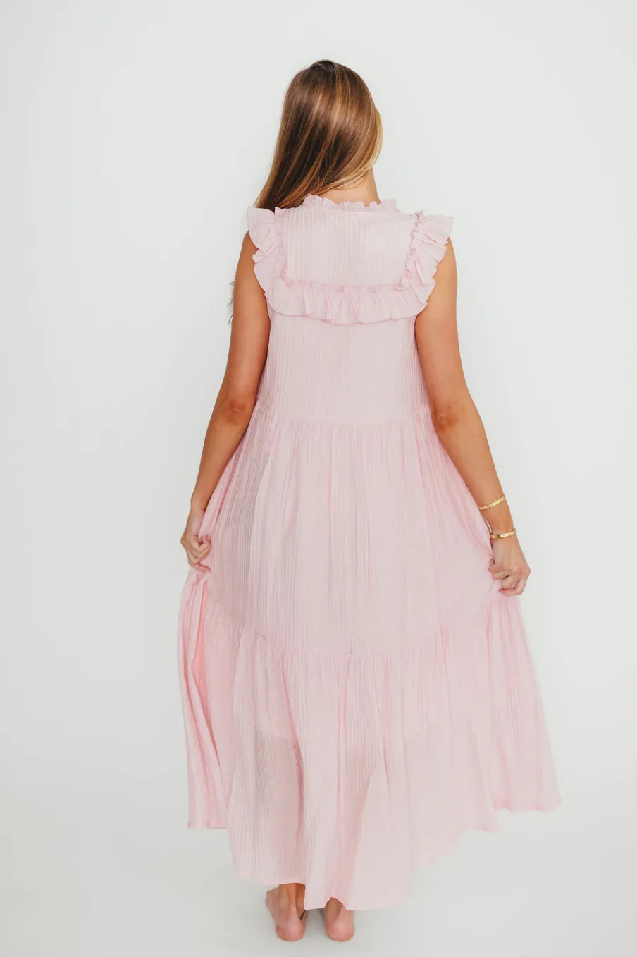 Fashion Worth Collective Brynn Ruffle Tiered Midi Dress in Pink