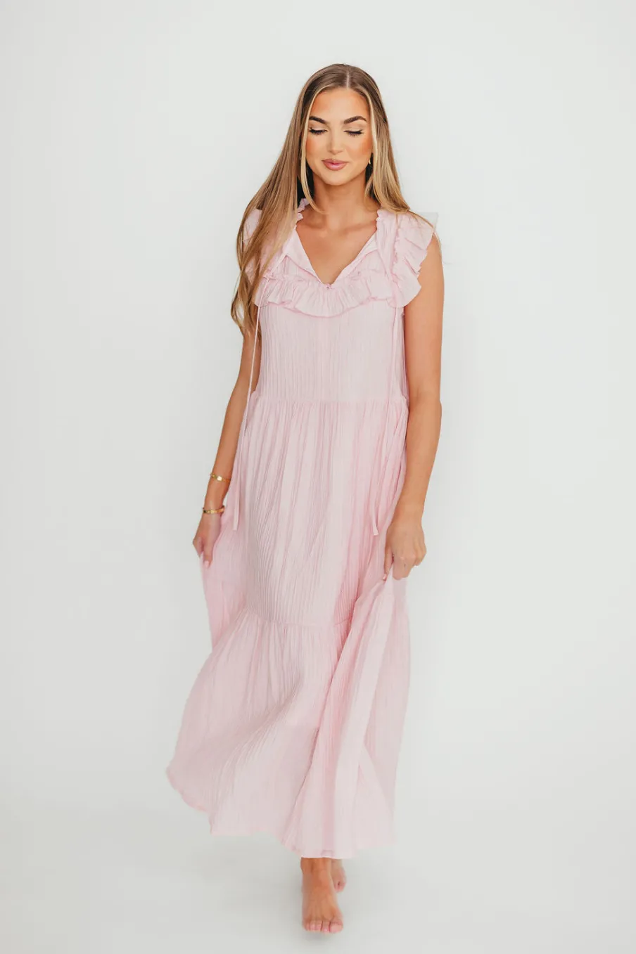 Fashion Worth Collective Brynn Ruffle Tiered Midi Dress in Pink