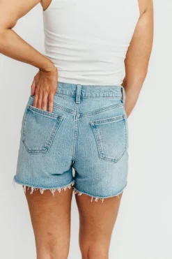 Online Worth Collective Callie Longer Length Shorts in Light Denim