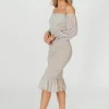Sale Worth Collective Cameron Stretchy Midi Dress with Ruffles in Beige/Blue