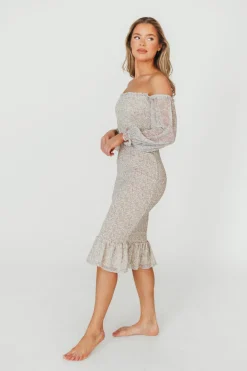 Sale Worth Collective Cameron Stretchy Midi Dress with Ruffles in Beige/Blue