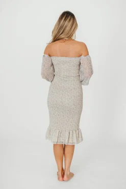 Sale Worth Collective Cameron Stretchy Midi Dress with Ruffles in Beige/Blue