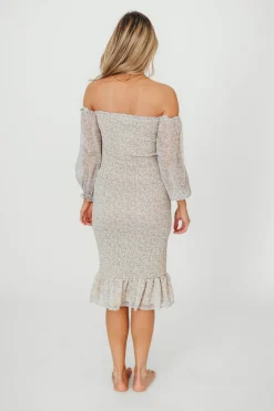 Sale Worth Collective Cameron Stretchy Midi Dress with Ruffles in Beige/Blue
