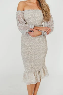 Sale Worth Collective Cameron Stretchy Midi Dress with Ruffles in Beige/Blue