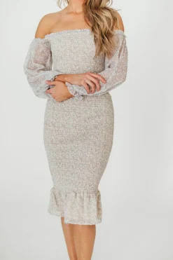Sale Worth Collective Cameron Stretchy Midi Dress with Ruffles in Beige/Blue