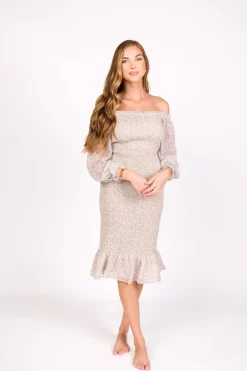 Sale Worth Collective Cameron Stretchy Midi Dress with Ruffles in Beige/Blue