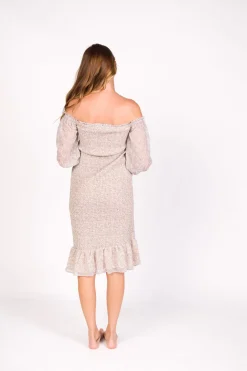 Sale Worth Collective Cameron Stretchy Midi Dress with Ruffles in Beige/Blue