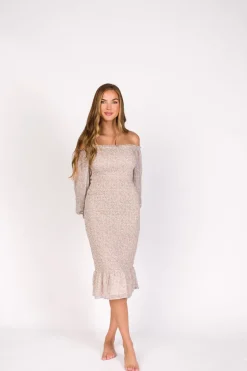 Sale Worth Collective Cameron Stretchy Midi Dress with Ruffles in Beige/Blue