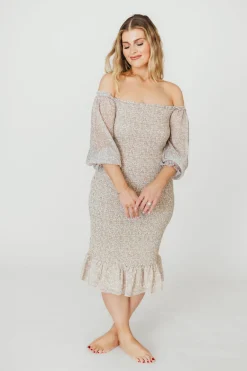 Sale Worth Collective Cameron Stretchy Midi Dress with Ruffles in Beige/Blue