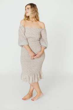 Sale Worth Collective Cameron Stretchy Midi Dress with Ruffles in Beige/Blue