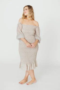 Sale Worth Collective Cameron Stretchy Midi Dress with Ruffles in Beige/Blue