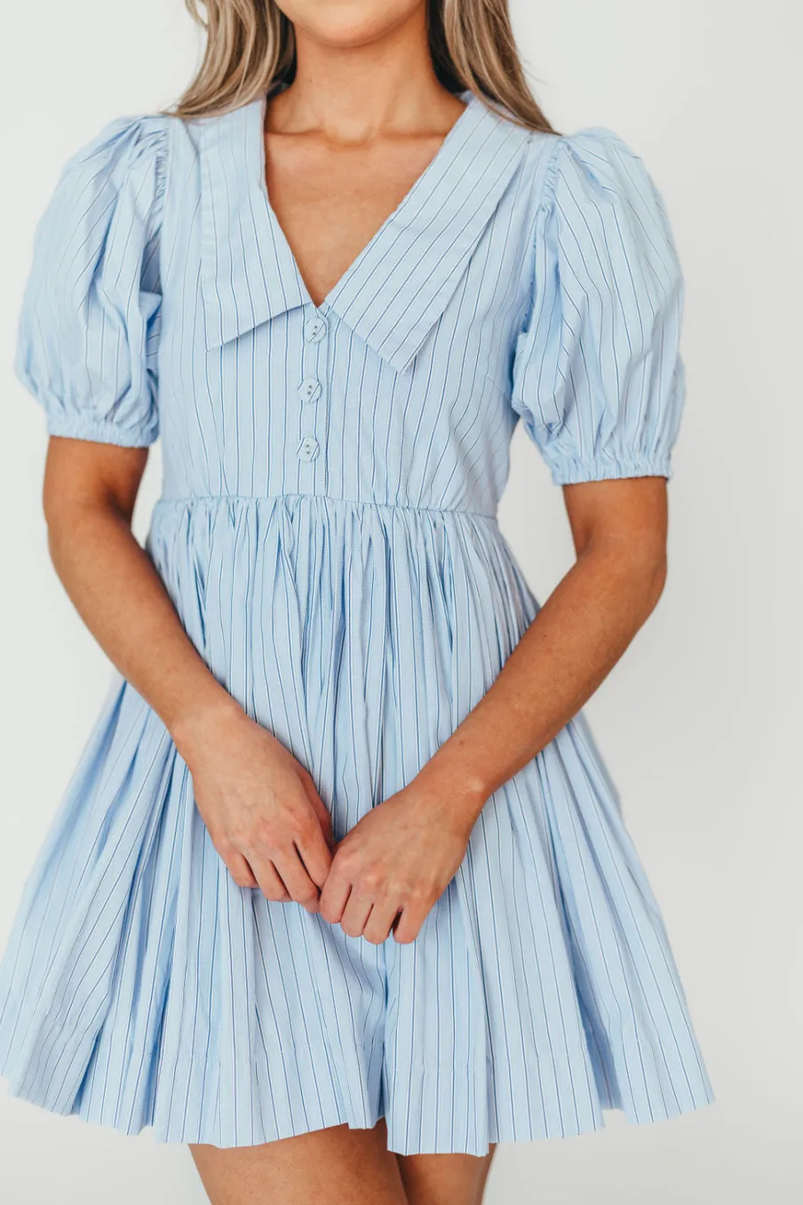 Clearance Worth Collective Camilla Pinstripe Collared V-Neck Mini Dress in Blue