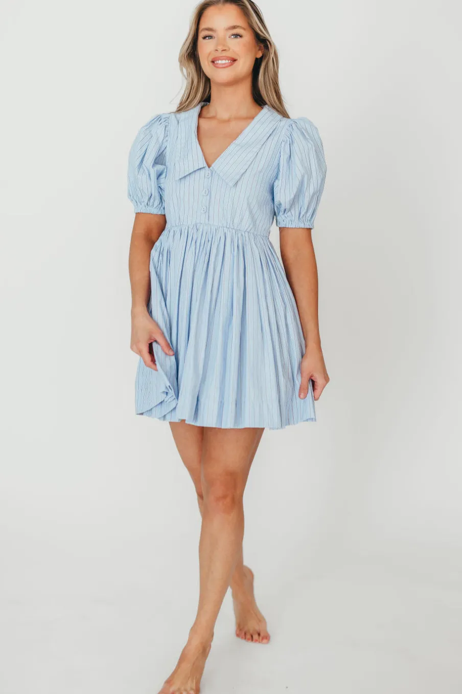 Clearance Worth Collective Camilla Pinstripe Collared V-Neck Mini Dress in Blue