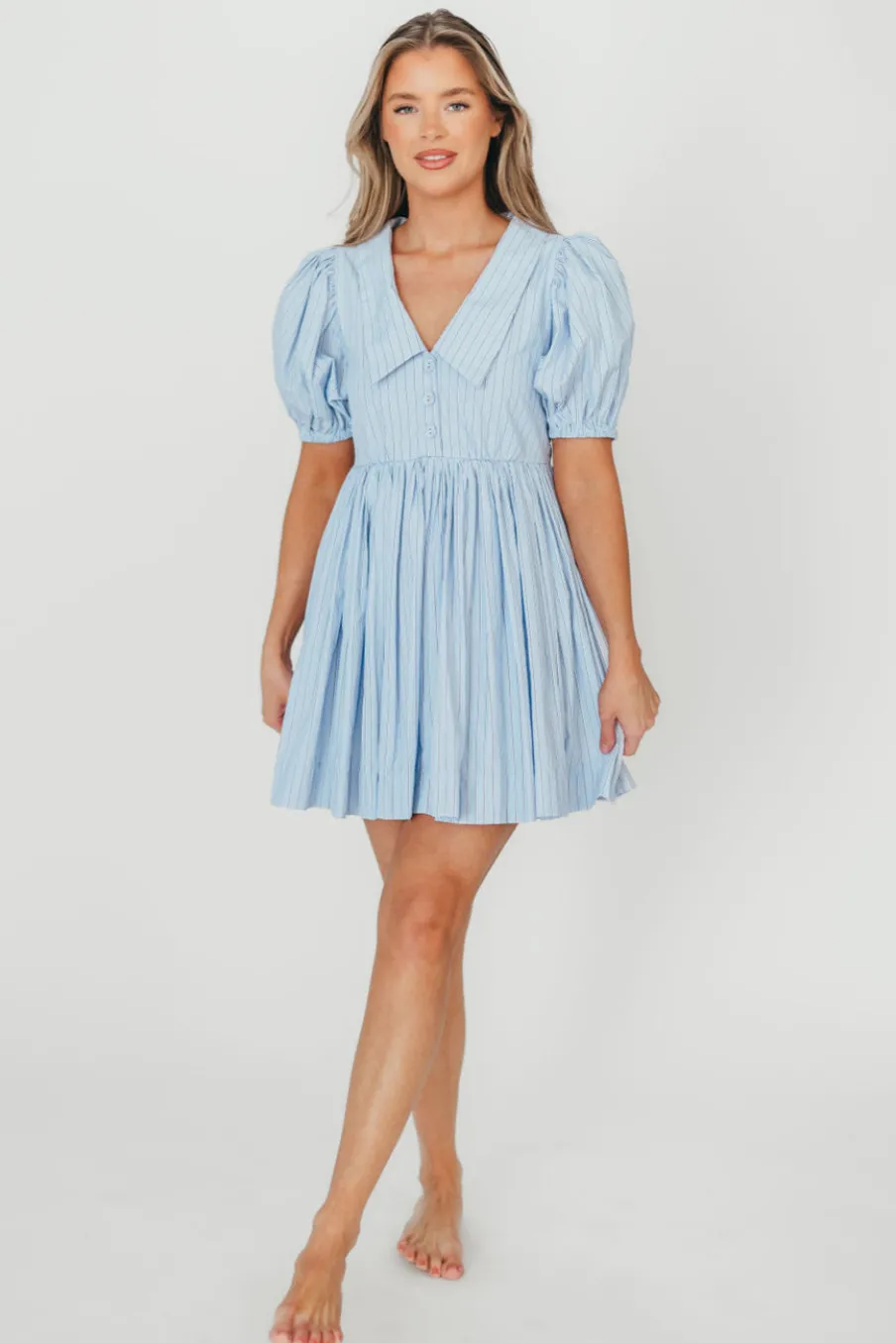 Clearance Worth Collective Camilla Pinstripe Collared V-Neck Mini Dress in Blue