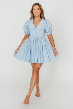 Clearance Worth Collective Camilla Pinstripe Collared V-Neck Mini Dress in Blue