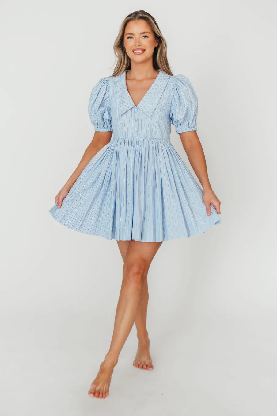 Clearance Worth Collective Camilla Pinstripe Collared V-Neck Mini Dress in Blue