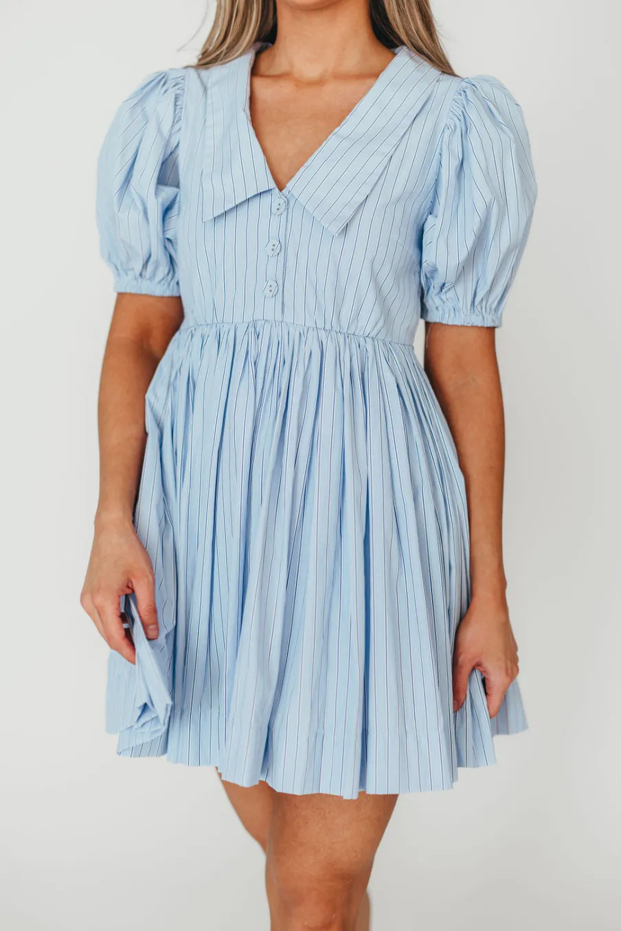 Clearance Worth Collective Camilla Pinstripe Collared V-Neck Mini Dress in Blue