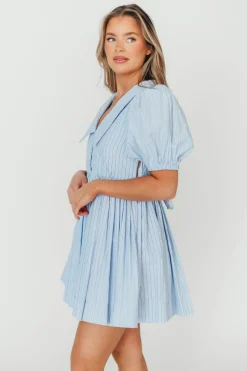 Clearance Worth Collective Camilla Pinstripe Collared V-Neck Mini Dress in Blue