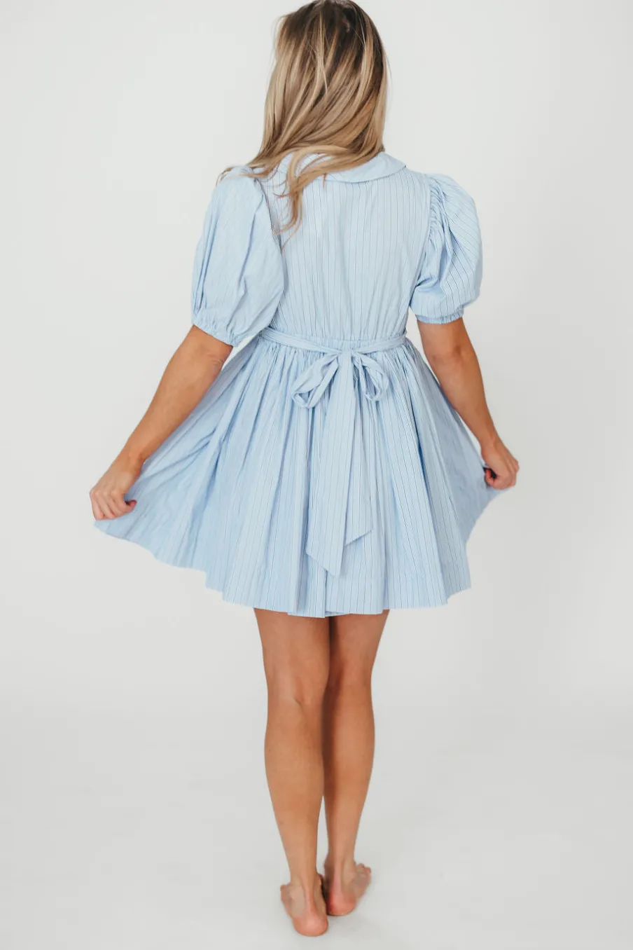 Clearance Worth Collective Camilla Pinstripe Collared V-Neck Mini Dress in Blue