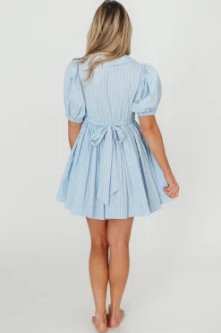 Clearance Worth Collective Camilla Pinstripe Collared V-Neck Mini Dress in Blue