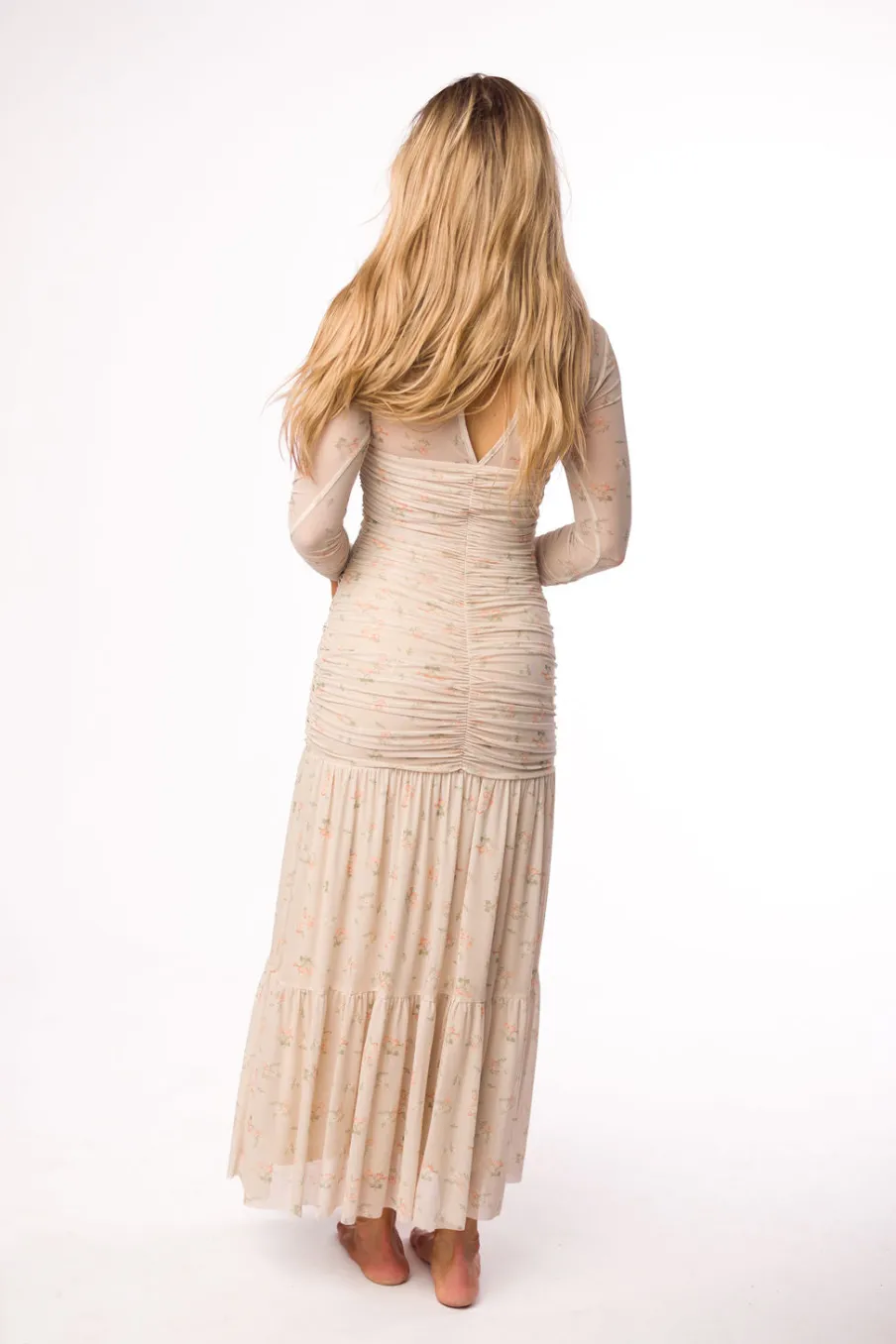 Online Worth Collective Camille Mesh Gathered Side Seam Maxi Dress in Nude Multi Floral - Bump