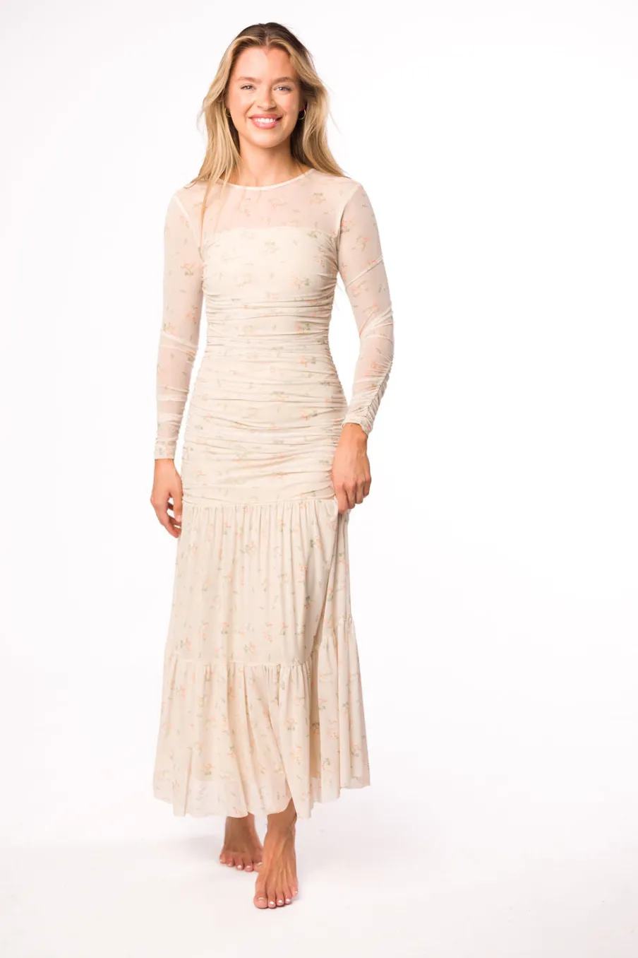 Online Worth Collective Camille Mesh Gathered Side Seam Maxi Dress in Nude Multi Floral - Bump