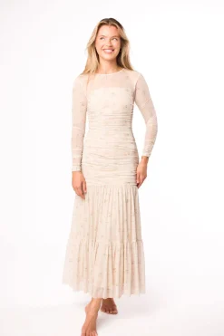 Online Worth Collective Camille Mesh Gathered Side Seam Maxi Dress in Nude Multi Floral - Bump