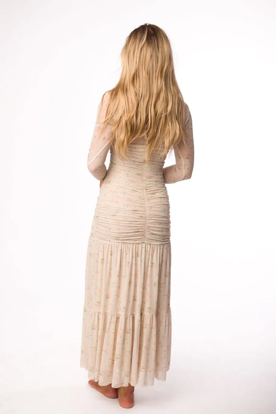 Online Worth Collective Camille Mesh Gathered Side Seam Maxi Dress in Nude Multi Floral - Bump