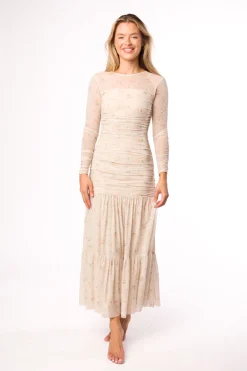 Online Worth Collective Camille Mesh Gathered Side Seam Maxi Dress in Nude Multi Floral - Bump