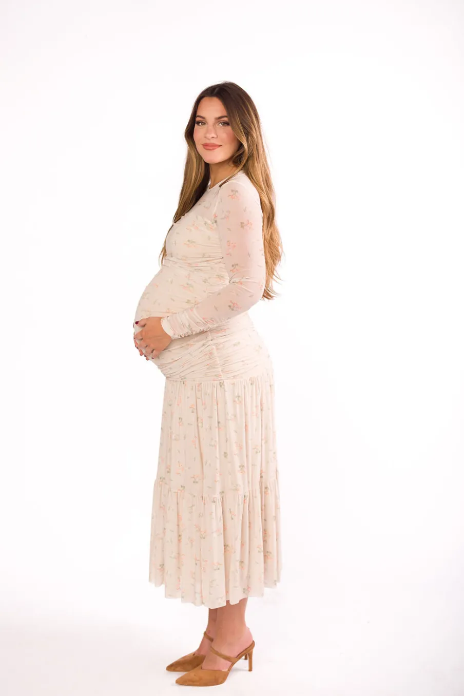 Online Worth Collective Camille Mesh Gathered Side Seam Maxi Dress in Nude Multi Floral - Bump